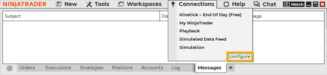 The configure button at the bottom of the Control Center Connections dropdown