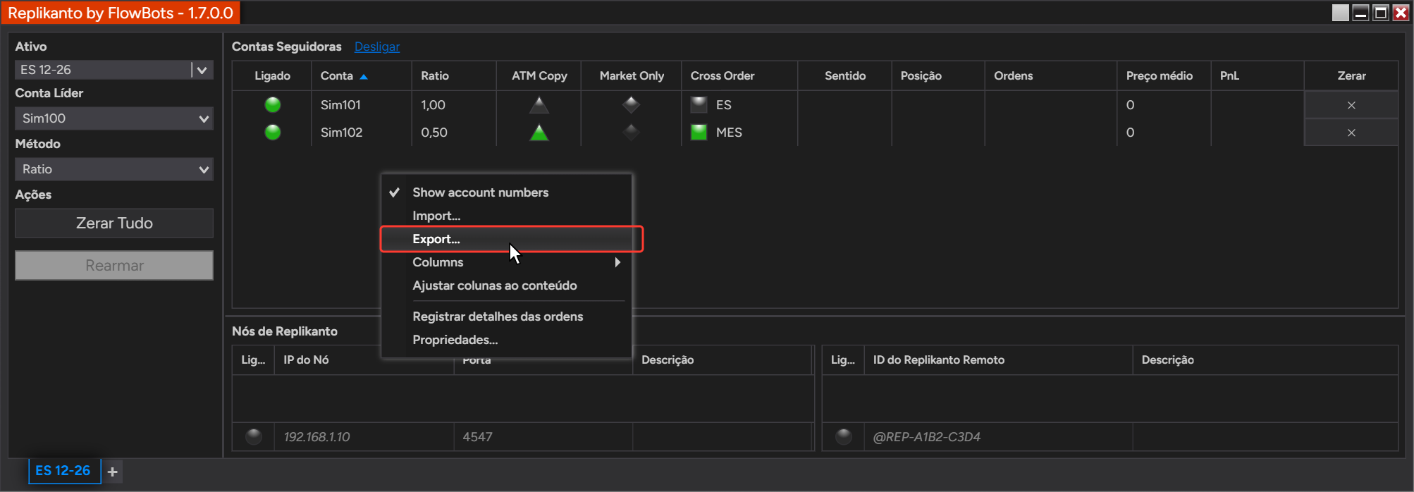 Menu do botão direito da grade Contas Seguidoras com Export... selecionado