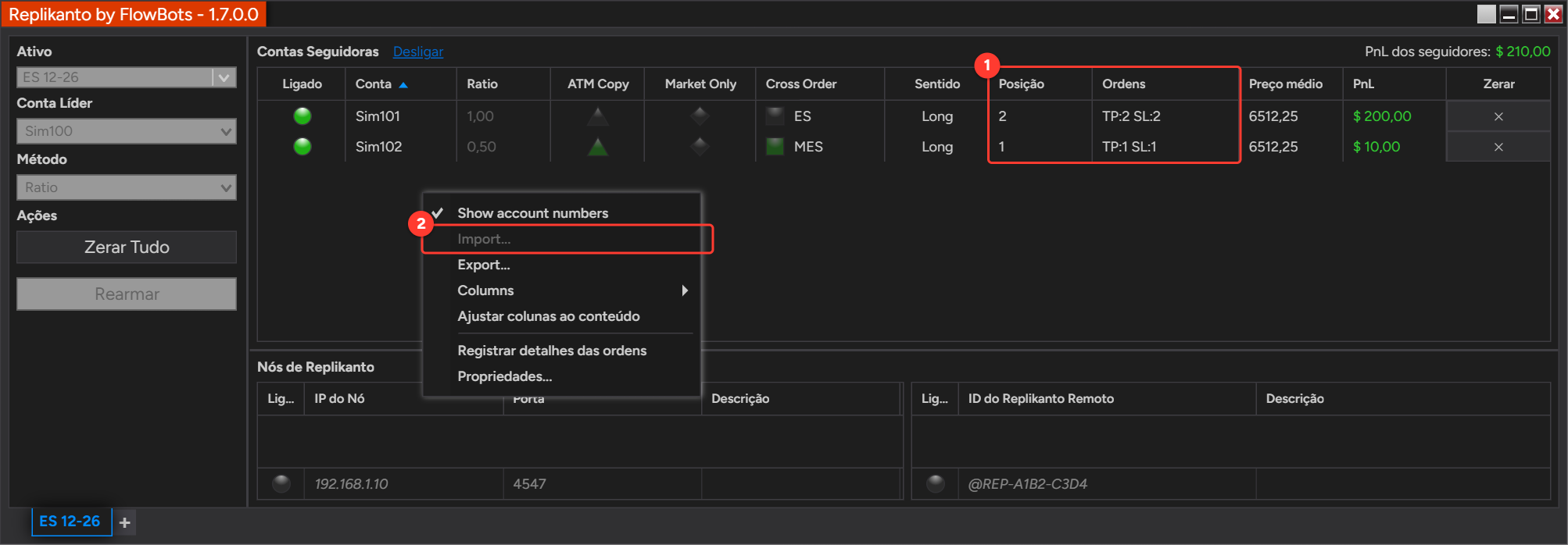 Seguidoras em operação e o menu do botão direito com Import... em cinza e Export... disponível