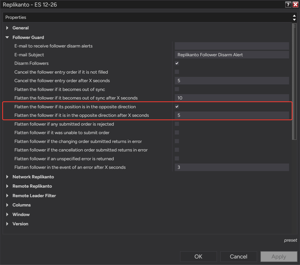 Replikanto Properties, Follower Guard section, with Flatten the follower if its position is in the opposite direction checked and its after X seconds value set to 5
