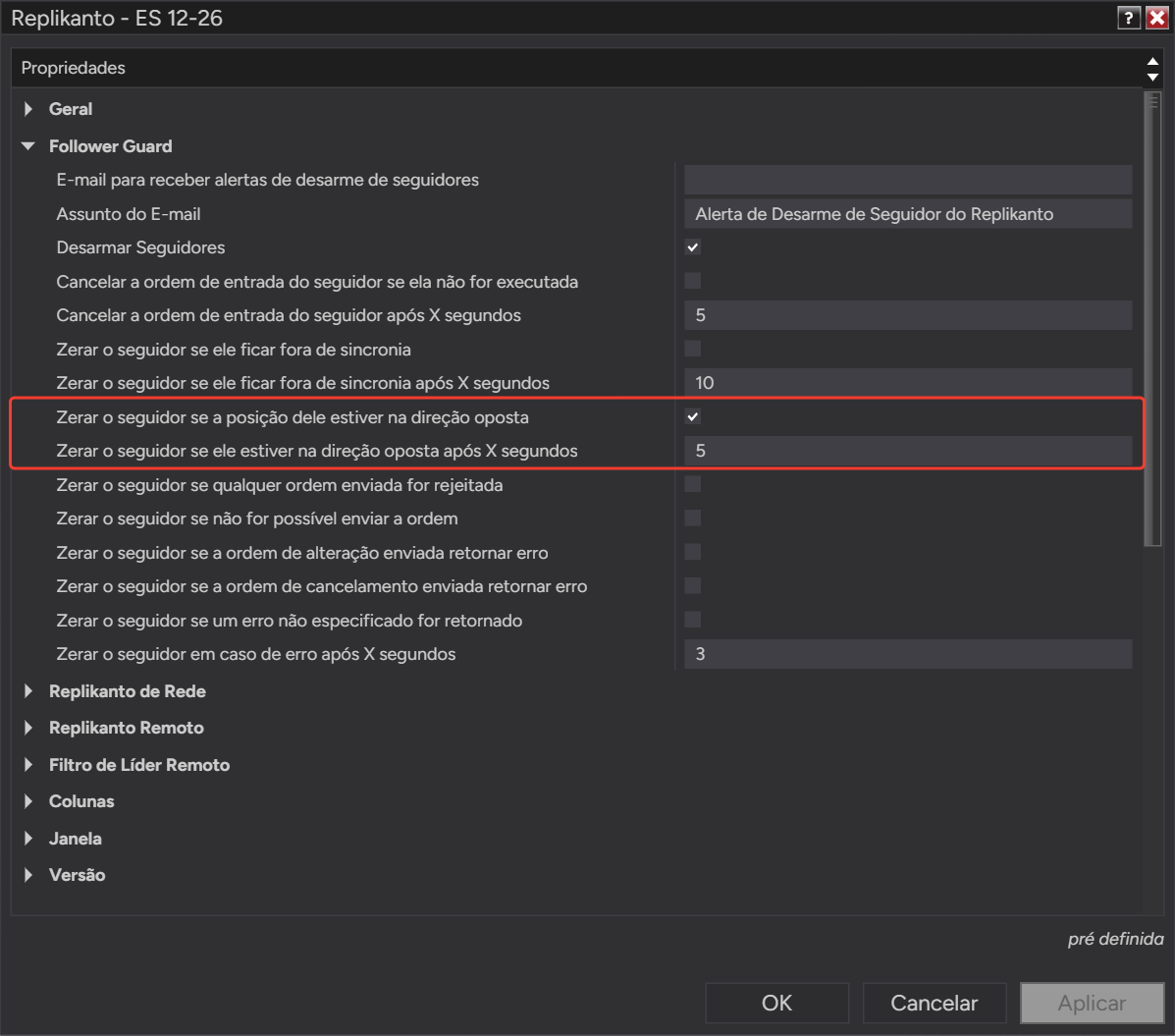 Propriedades do Replikanto, seção Follower Guard, com Zerar o seguidor se a posição dele estiver na direção oposta marcada e o tempo após X segundos em 5