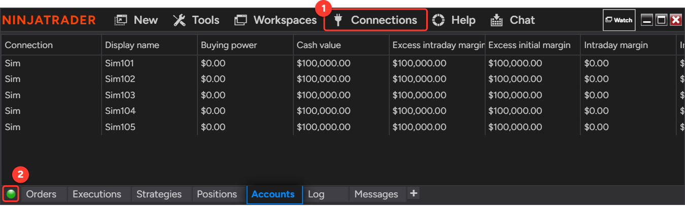 NinjaTrader Control Center with the Connections menu and the green connection status dot at the bottom left