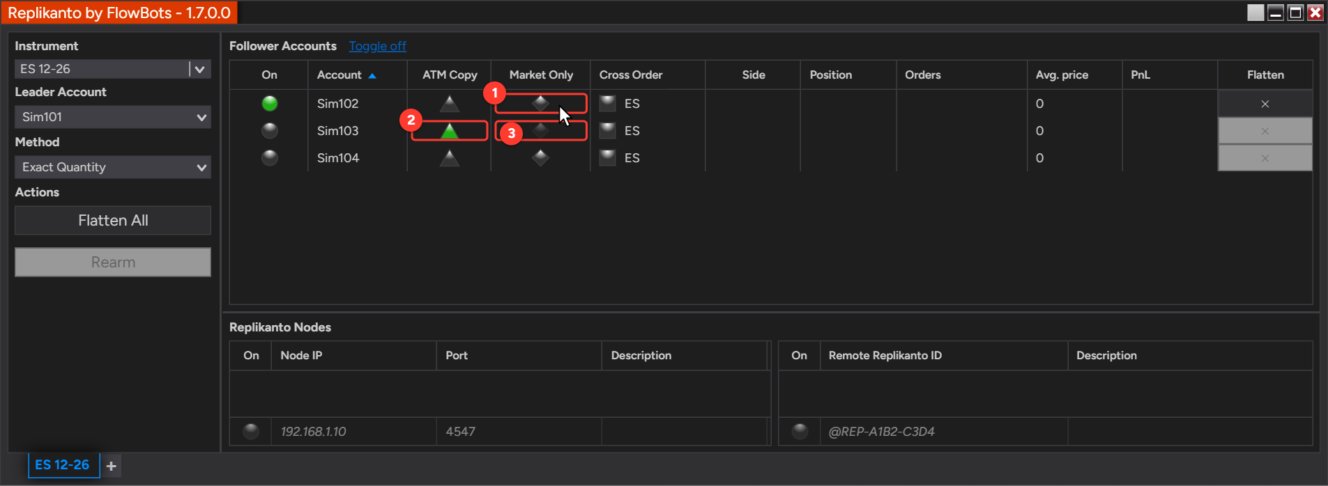 Clicking the Market Only diamond of follower Sim102, while Sim103 has ATM Copy on and its Market Only diamond is dimmed