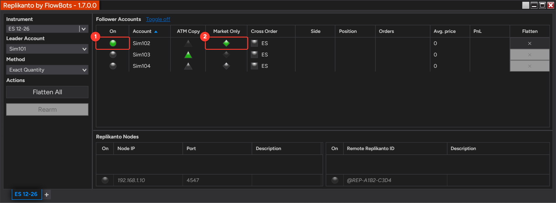 Follower Sim102 turned on in the On column with a green Market Only diamond