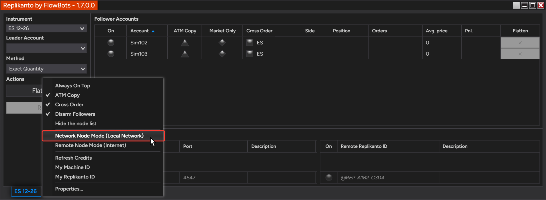 Replikanto on the follower machine: right-click menu of the window with Network Node Mode (Local Network) selected