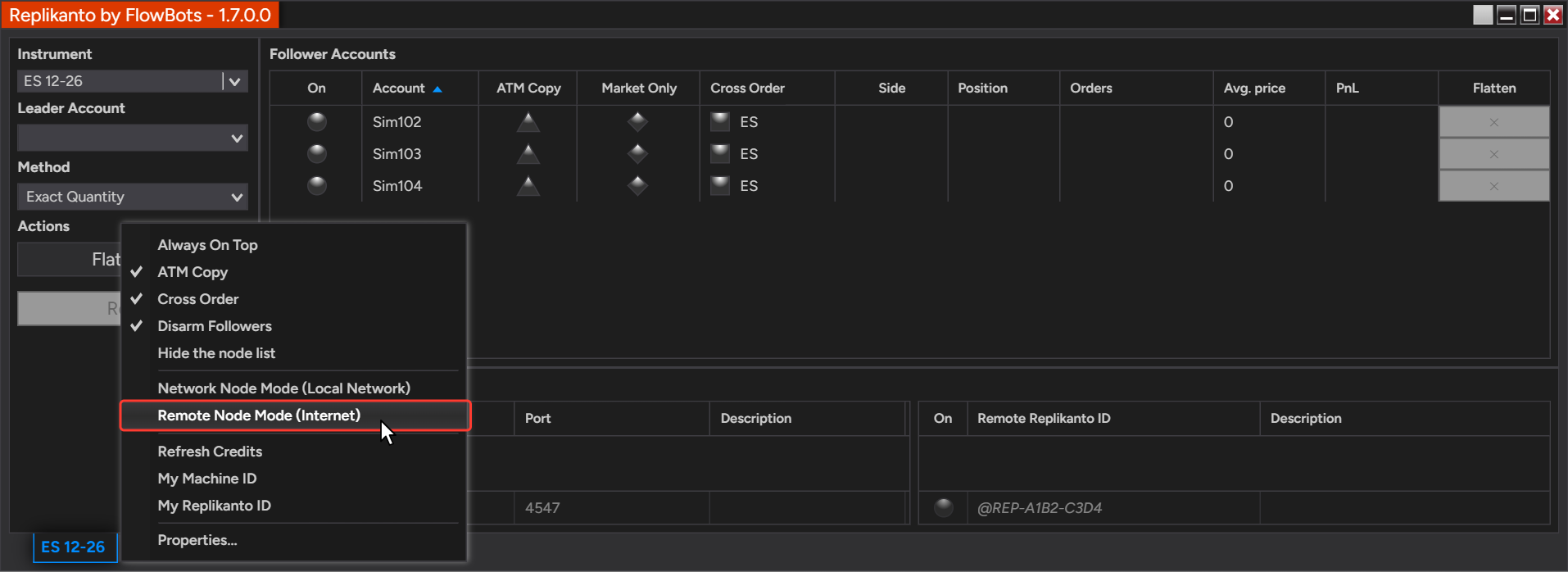 Replikanto right-click menu on the follower machine with Remote Node Mode (Internet) selected