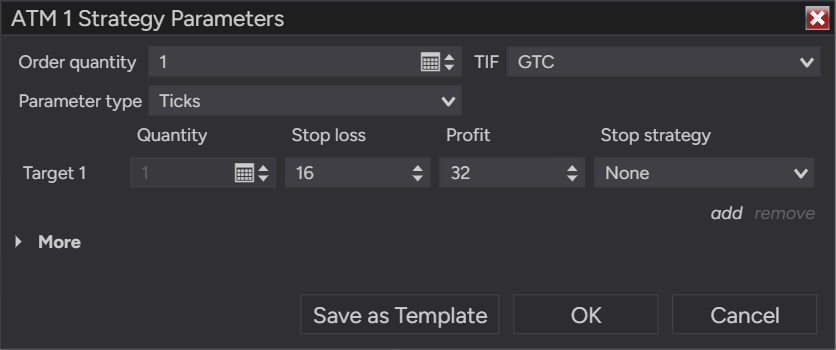 NinjaTrader ATM Strategy Parameters dialog for the ATM 1 strategy: 1 contract, stop loss 16 ticks, profit 32 ticks