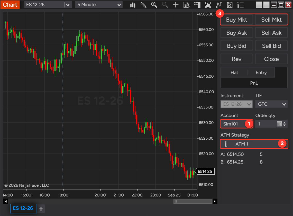 NinjaTrader chart of ES 12-26 with Chart Trader on the leader account Sim101 and the ATM 1 strategy selected