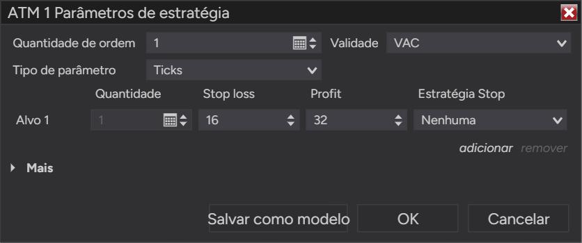 Janela Parâmetros da Estratégia do NinjaTrader para a estratégia ATM 1: 1 contrato, stop loss de 16 ticks, lucro de 32 ticks