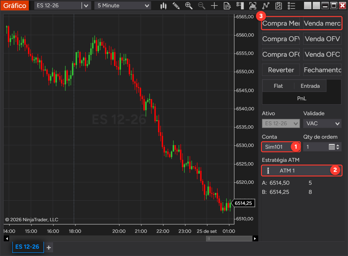 Gráfico do ES 12-26 no NinjaTrader com o Chart Trader na conta líder Sim101 e a estratégia ATM 1 selecionada