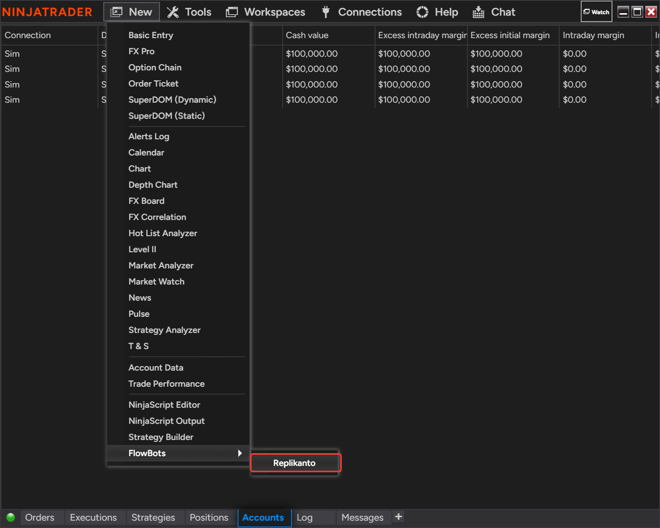 NinjaTrader Control Center with the New menu open, FlowBots submenu and Replikanto selected