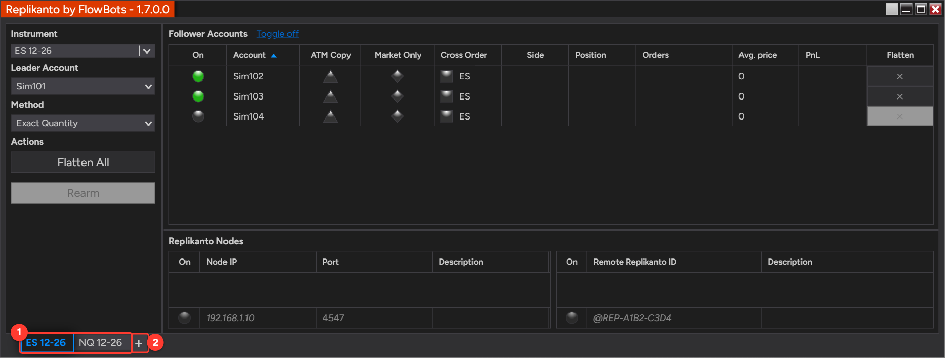 Replikanto window with two tabs, ES 12-26 and NQ 12-26, and the + button to add another tab