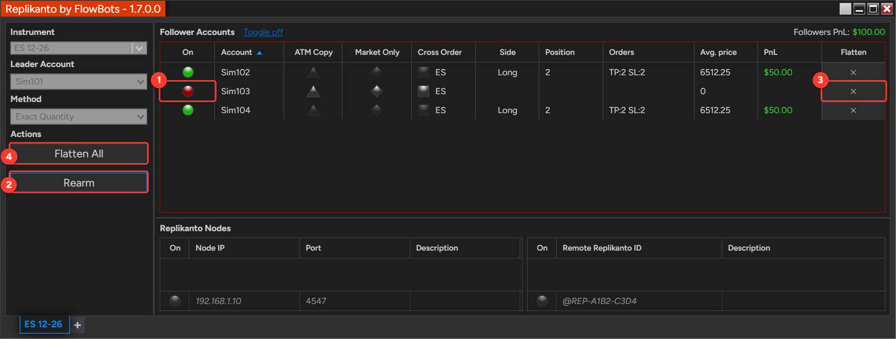 Replikanto after the flatten: Sim103 red (Disarmed) and flat, red frame around the Follower Accounts grid and the Rearm button enabled