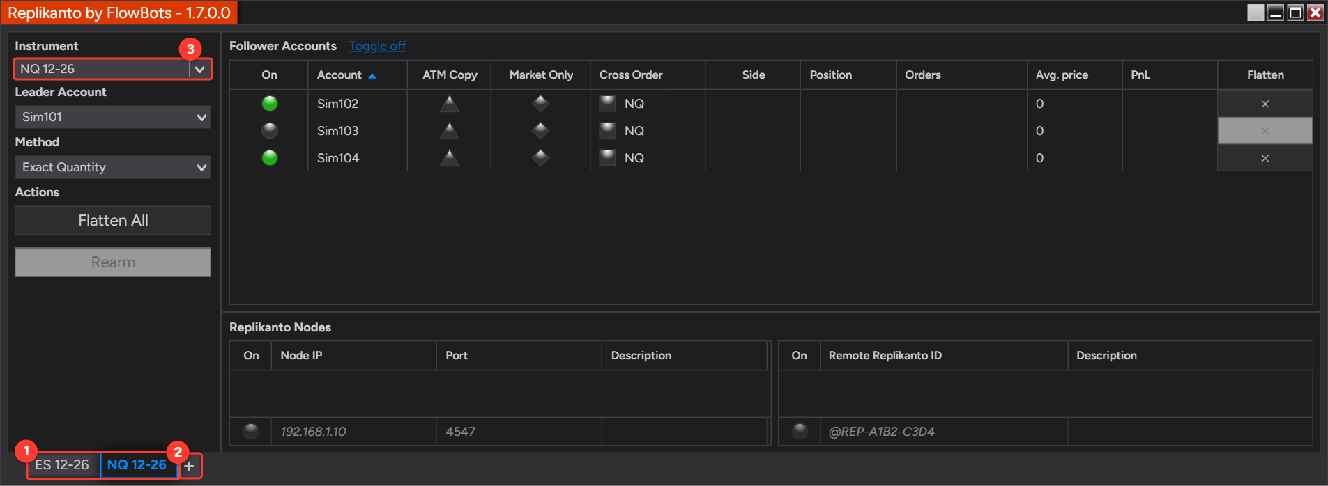 Replikanto window with two tabs, ES 12-26 and NQ 12-26, the + button that adds a tab and the Instrument selector of the active tab