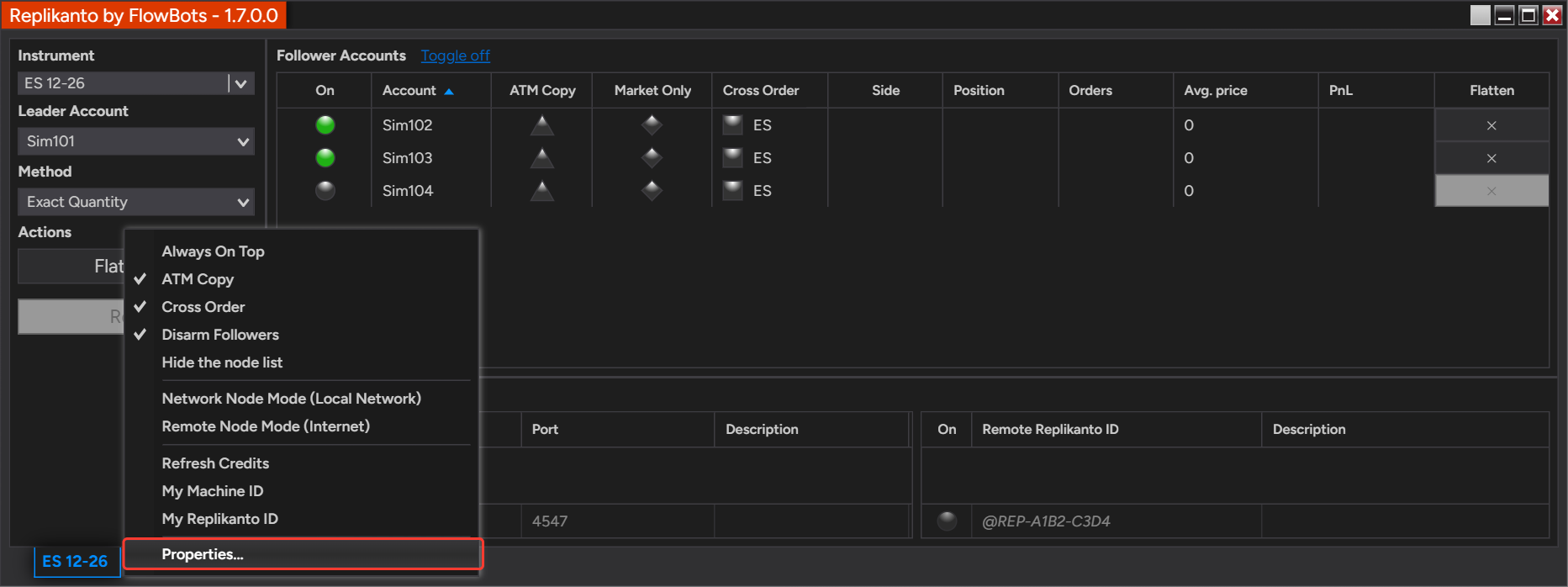 Replikanto window right-click menu with Properties... selected