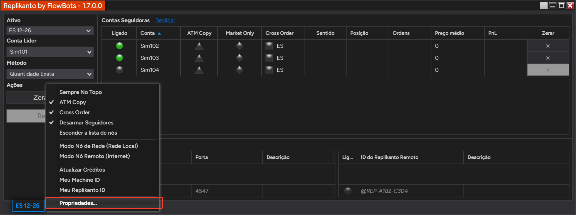 Menu do botão direito da janela do Replikanto com Propriedades... selecionado