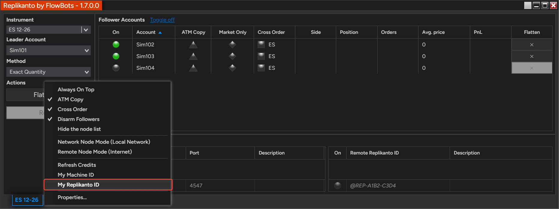 Replikanto window right-click menu with My Replikanto ID selected