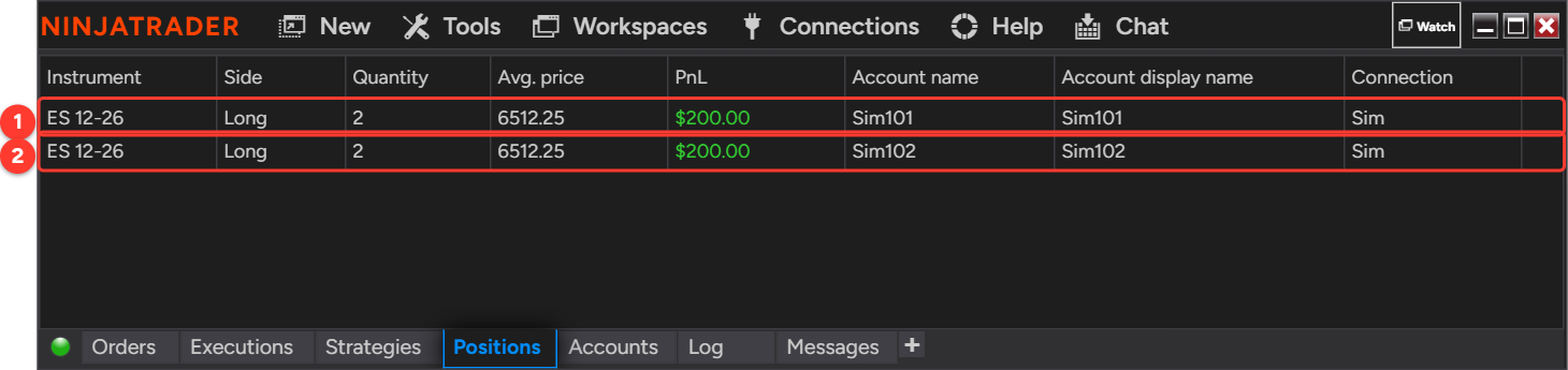 NinjaTrader Control Center Positions tab showing Sim101 and Sim102 each Long 2 ES 12-26 and no row for Sim103