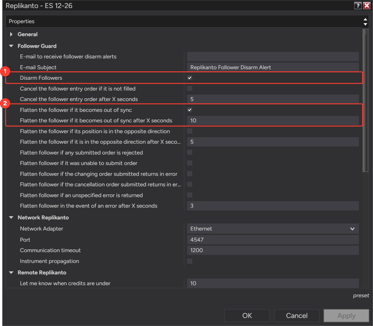 Replikanto Properties, Follower Guard section, with Disarm Followers and Flatten the follower if it becomes out of sync checked