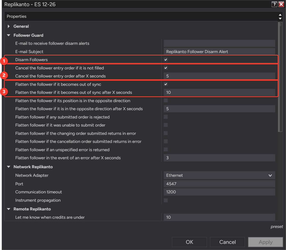 Replikanto Properties, Follower Guard section, with Disarm Followers, Cancel the follower entry order if it is not filled (5 seconds) and Flatten the follower if it becomes out of sync (10 seconds) checked