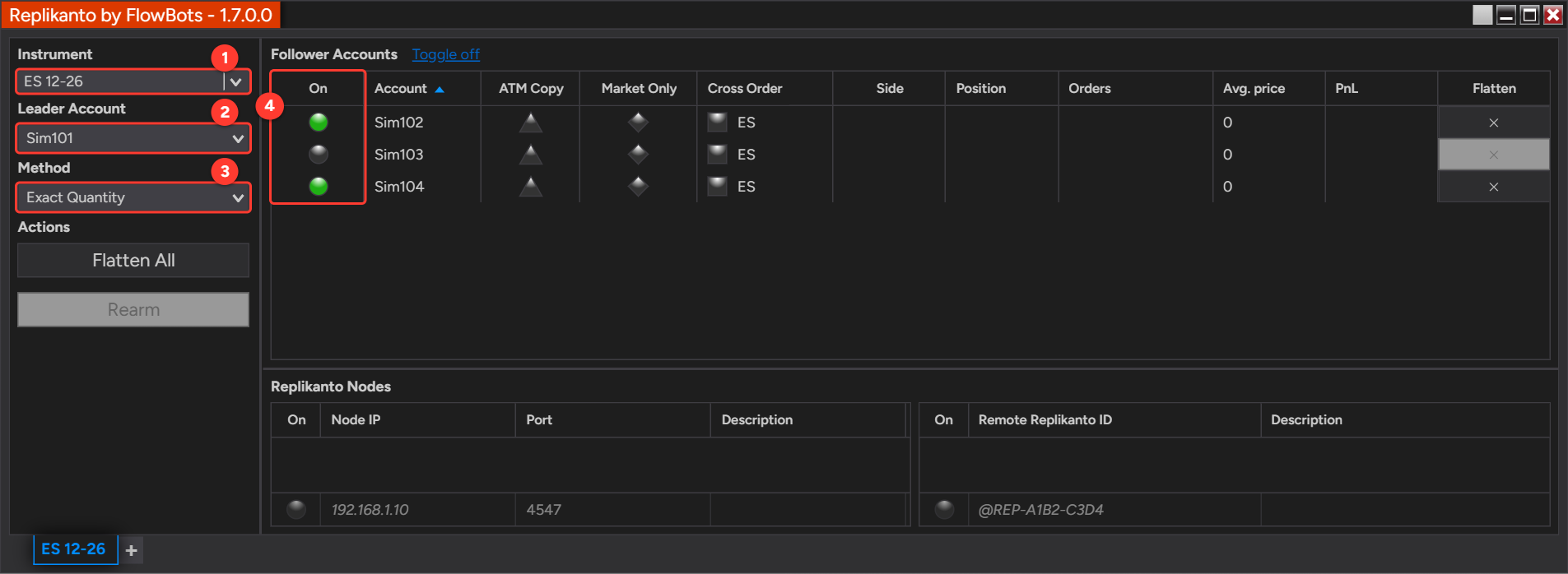 Replikanto window with ES 12-26 selected, leader account Sim101, Exact Quantity method, and followers Sim102 and Sim104 on and Sim103 off
