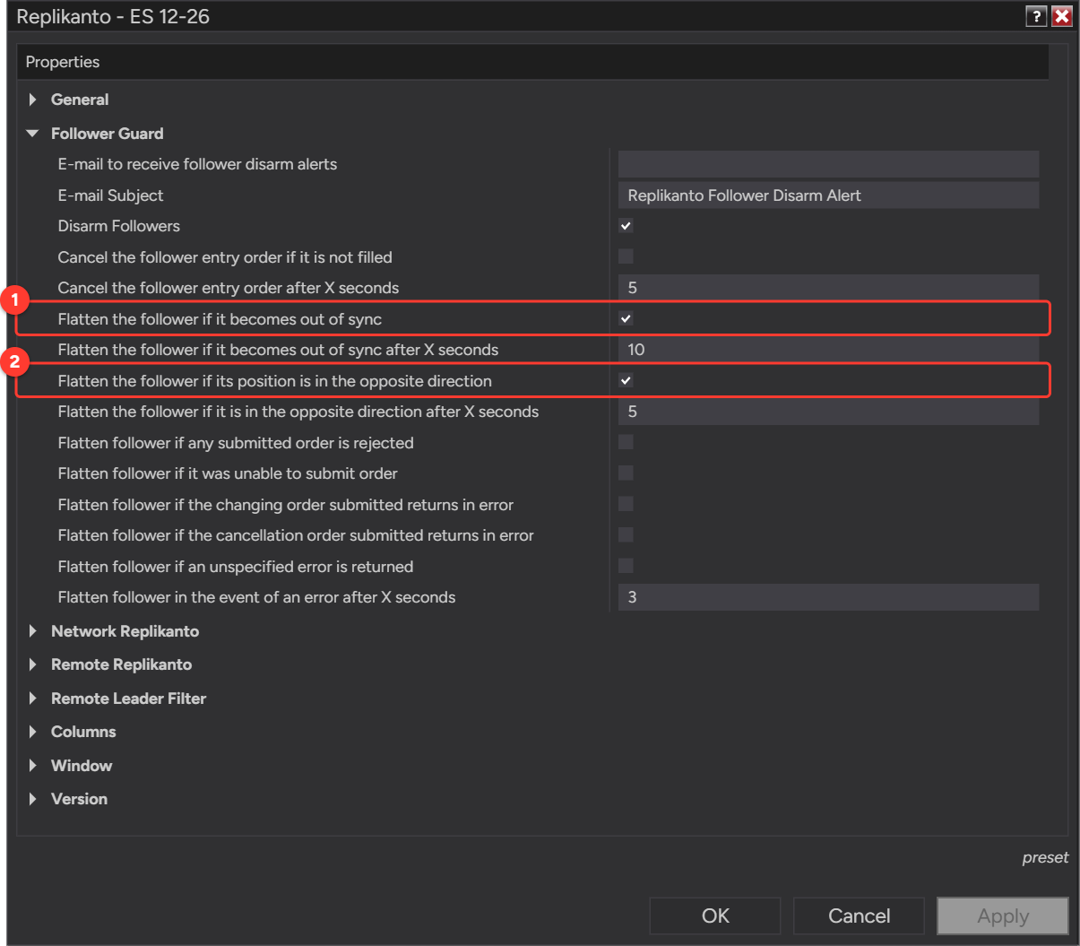 Replikanto Properties, Follower Guard section, with the out-of-sync and opposite-direction flatten options checked