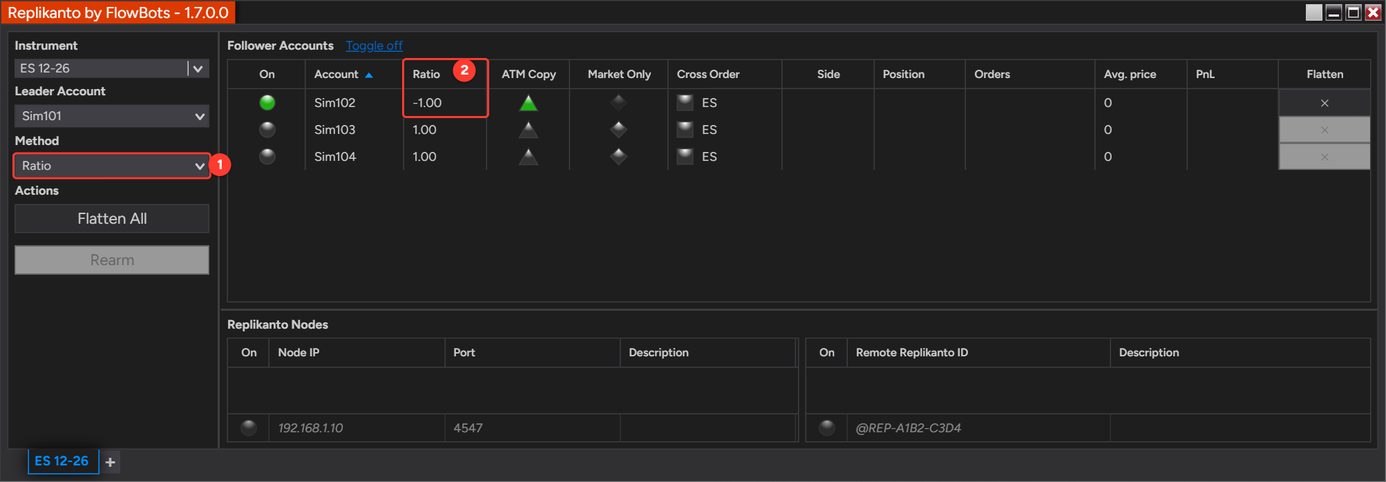 Replikanto on an ES 12-26 tab with the copy Method set to Ratio and follower Sim102 set to a ratio of -1.00