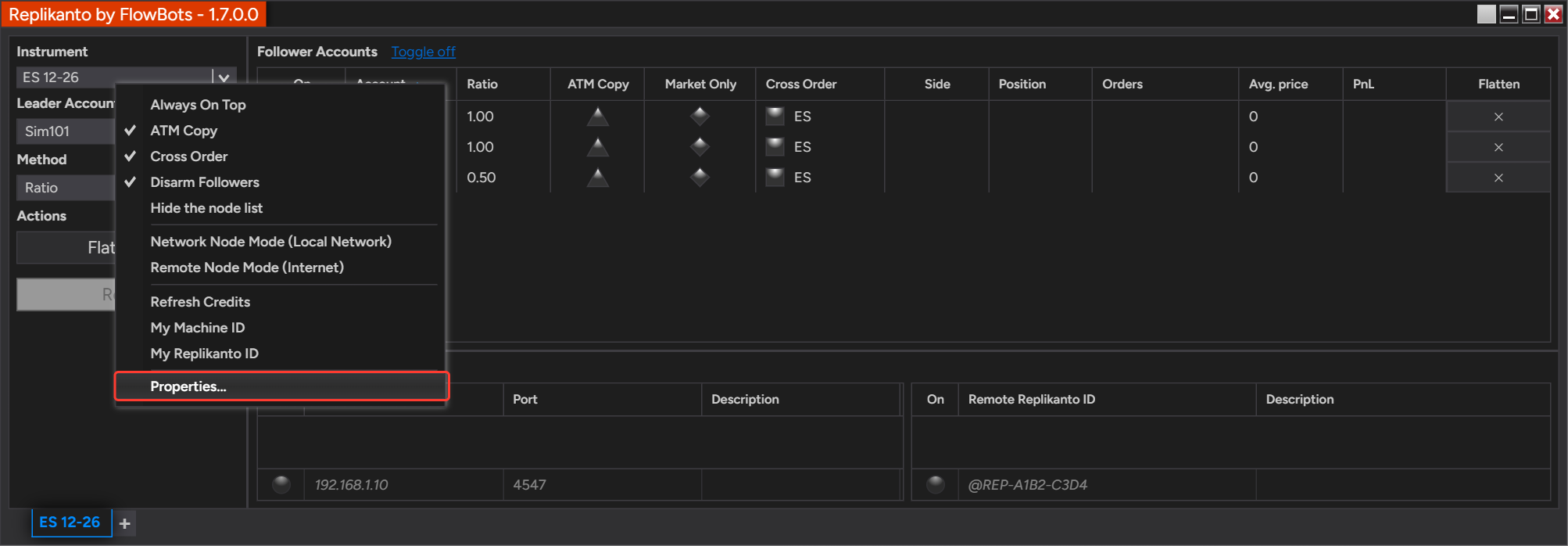 Right-click menu of the Replikanto window with Properties... selected