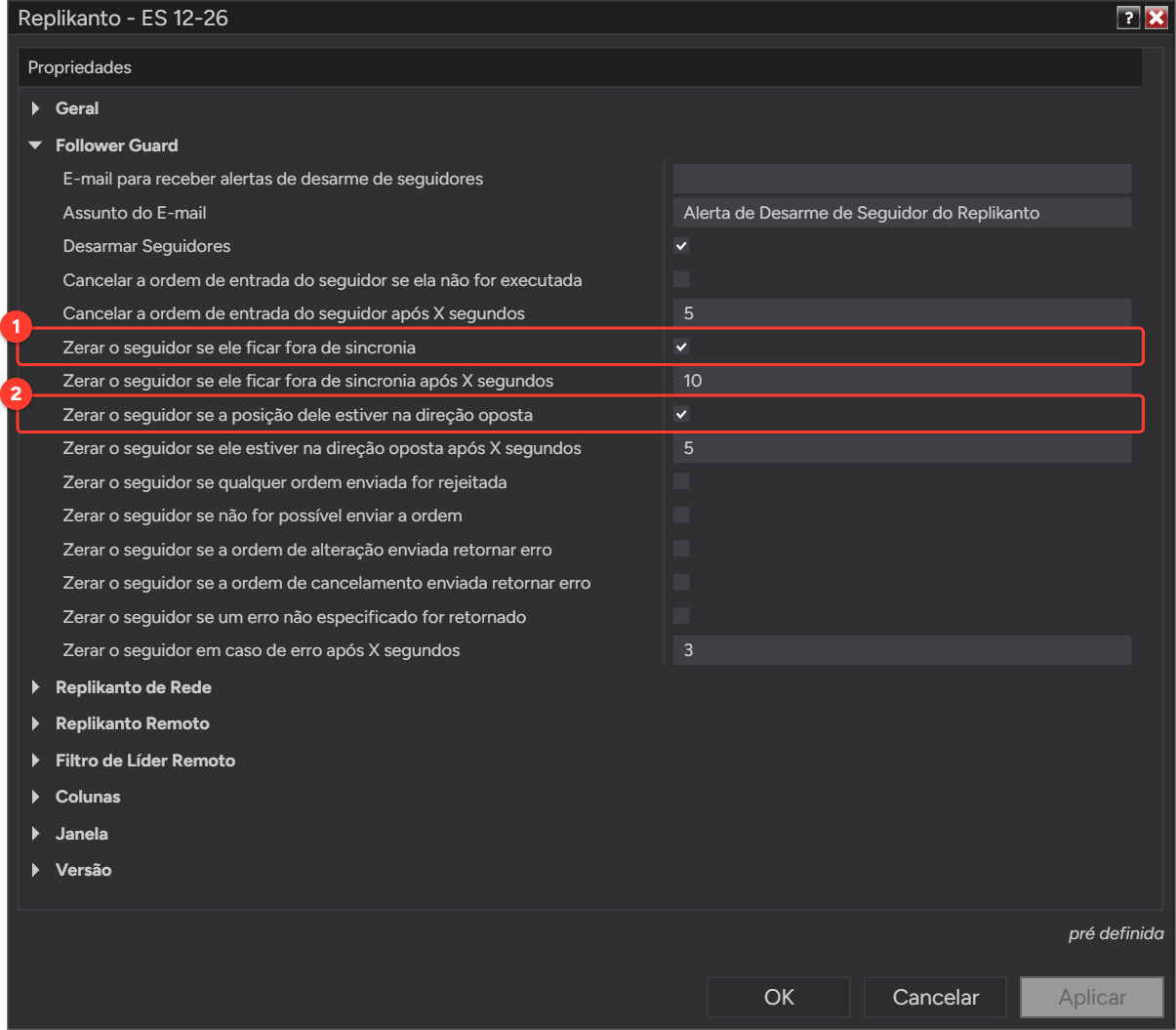 Propriedades do Replikanto, seção Follower Guard, com as opções de zerar fora de sincronia e na direção oposta marcadas