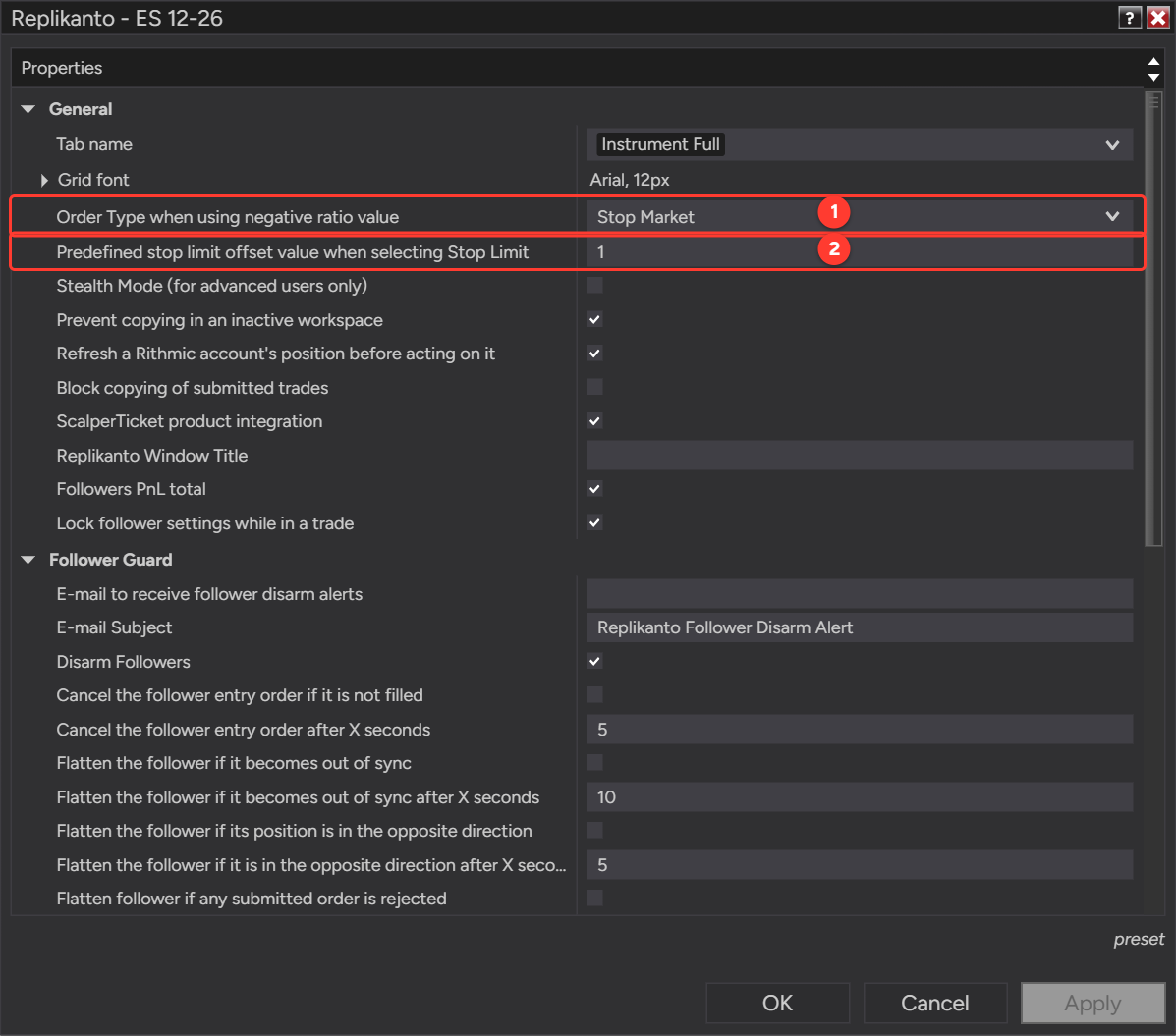 Replikanto Properties, General section, with Order Type when using negative ratio value set to Stop Market and the stop limit offset set to 1