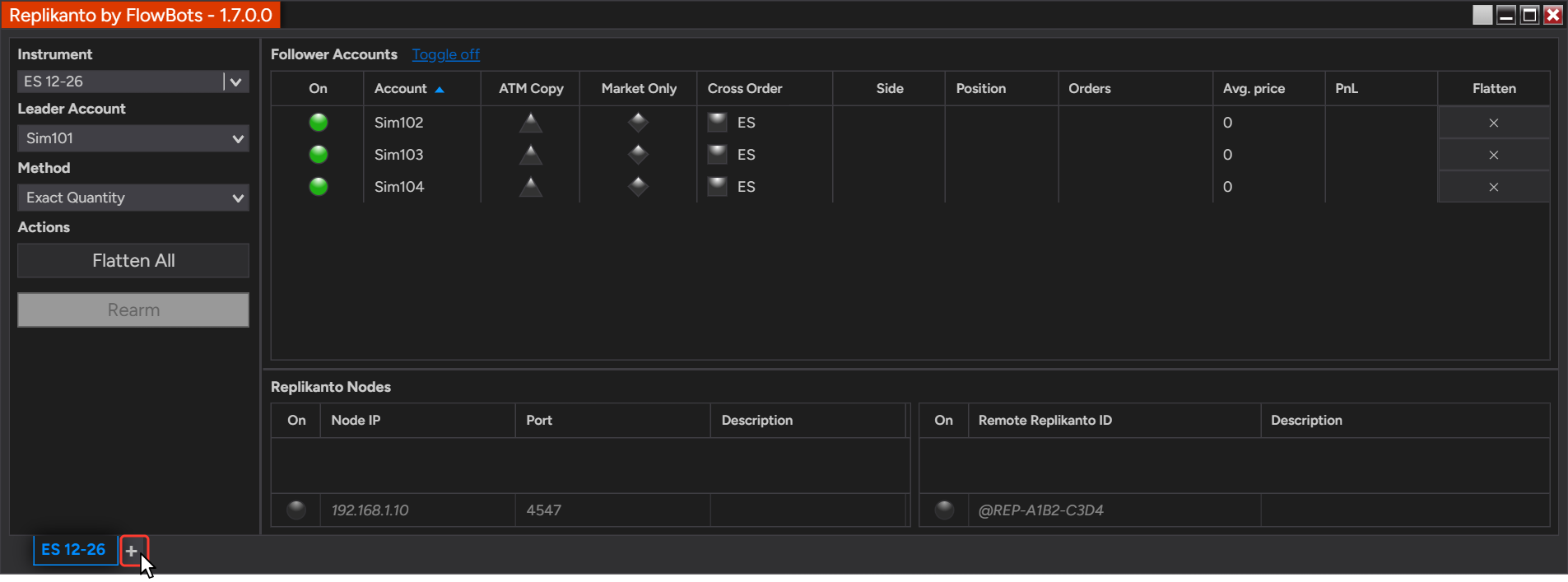 Replikanto window with the ES 12-26 tab and the + button at the end of the tab strip highlighted