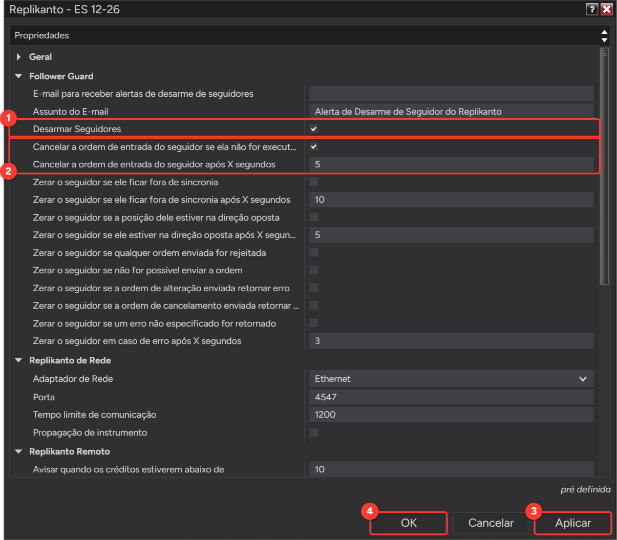 Propriedades do Replikanto, seção Follower Guard, com Desarmar Seguidores e Cancelar a ordem de entrada do seguidor se ela não for executada marcados, 5 segundos, e os botões Aplicar e OK