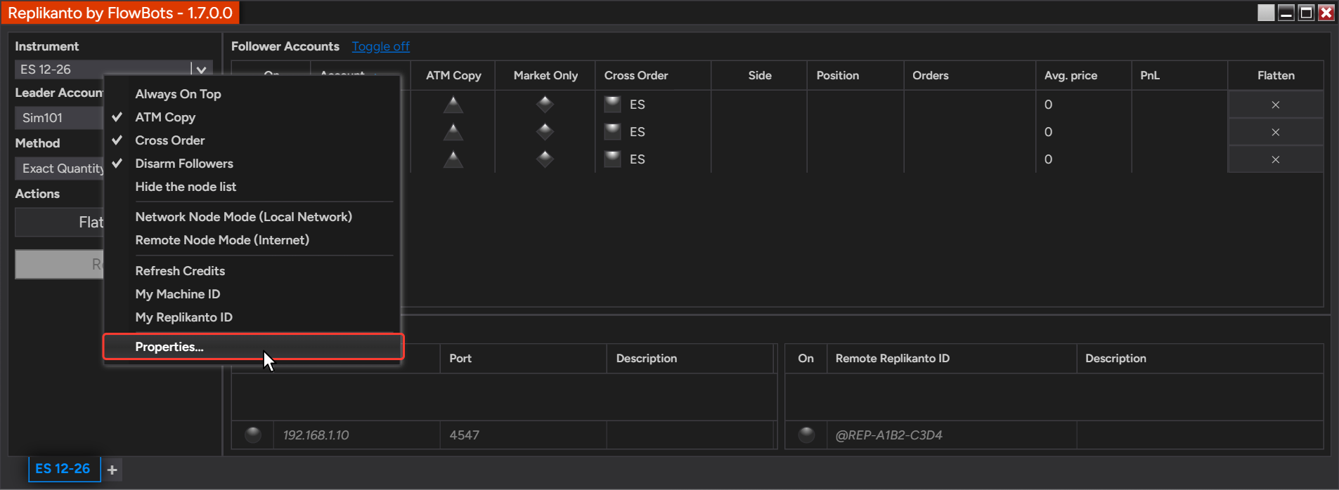 Replikanto window right-click menu with Properties... selected