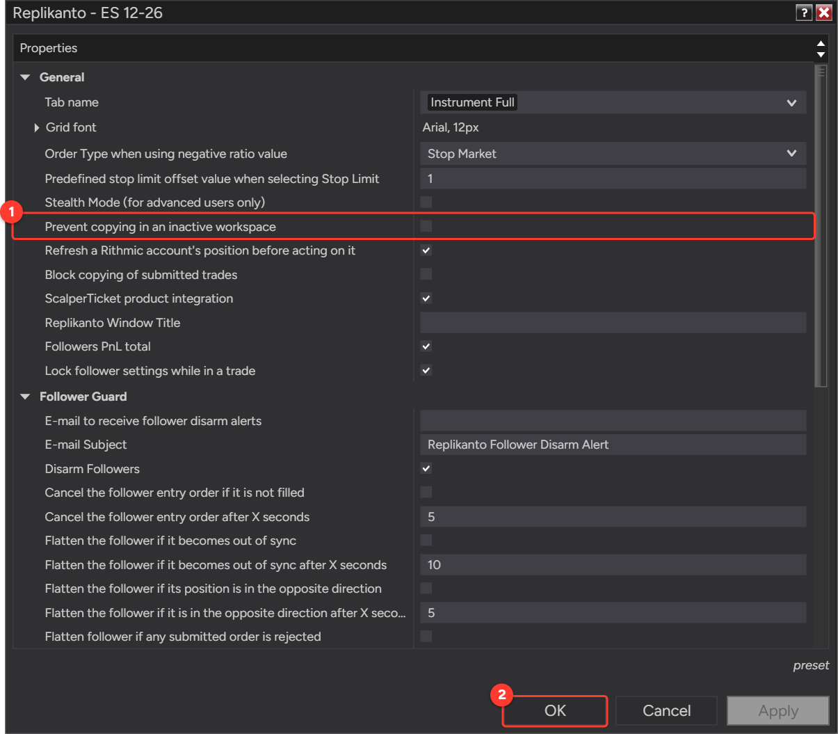Replikanto Properties, General section, with Prevent copying in an inactive workspace unchecked and the OK button marked