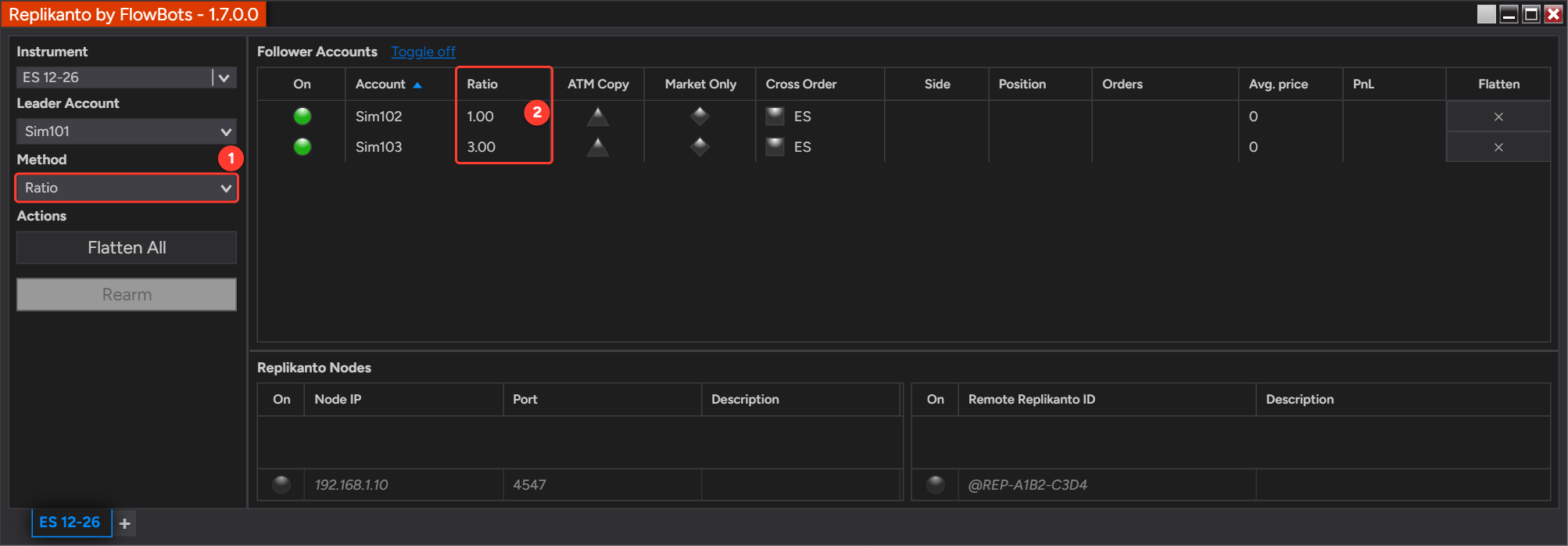 Replikanto with the Ratio method, follower Sim102 at ratio 1.00 and Sim103 at ratio 3.00