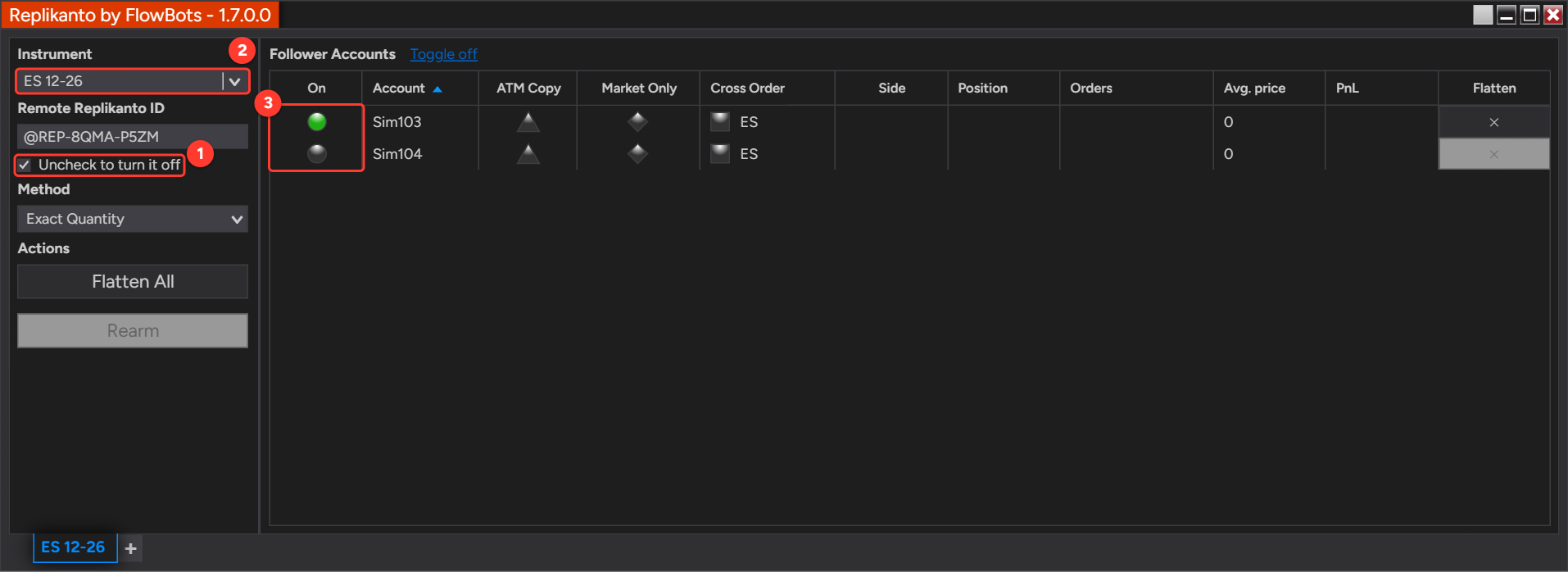 Replikanto window on the remote client in Remote Node Mode, with the mode checkbox checked, instrument ES 12-26 and follower Sim103 on