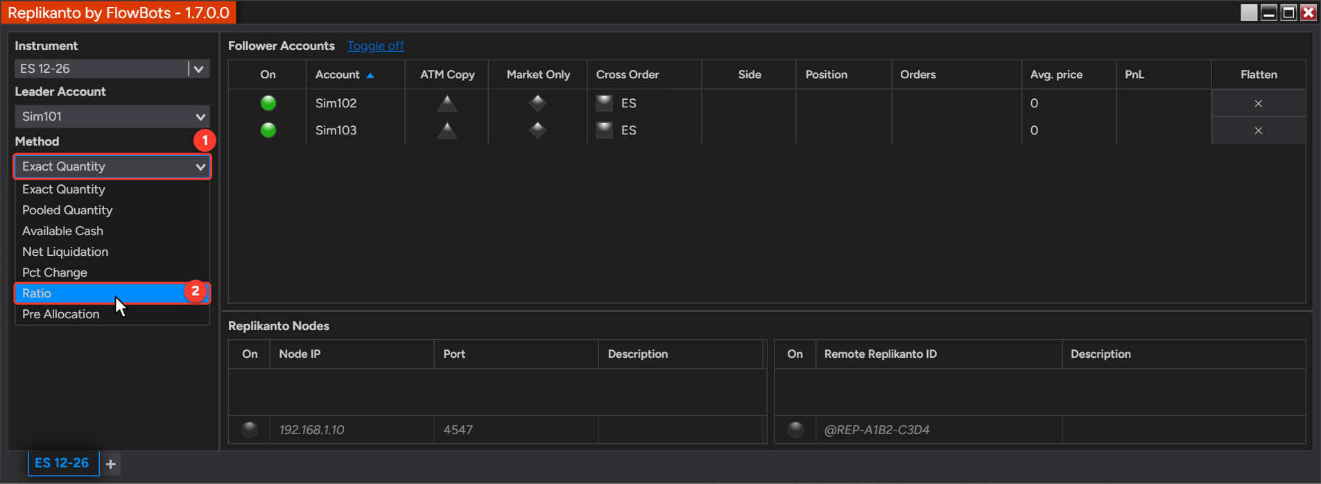 Replikanto window with the Method list open on the left panel and Ratio highlighted