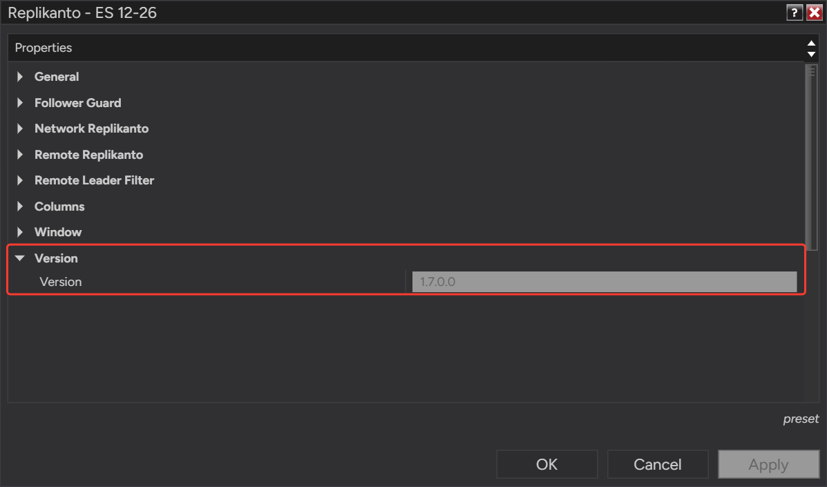 Replikanto Properties window with the Version category showing 1.7.0.0