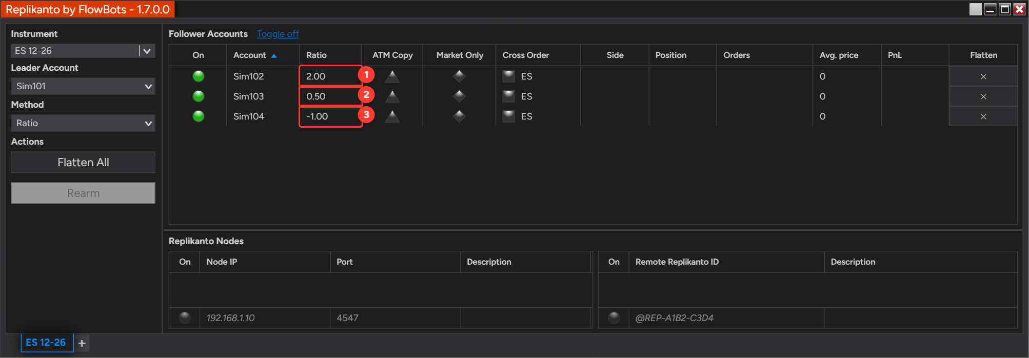 Replikanto Follower Accounts grid with the Ratio method: Sim102 at 2.00, Sim103 at 0.50 and Sim104 at -1.00