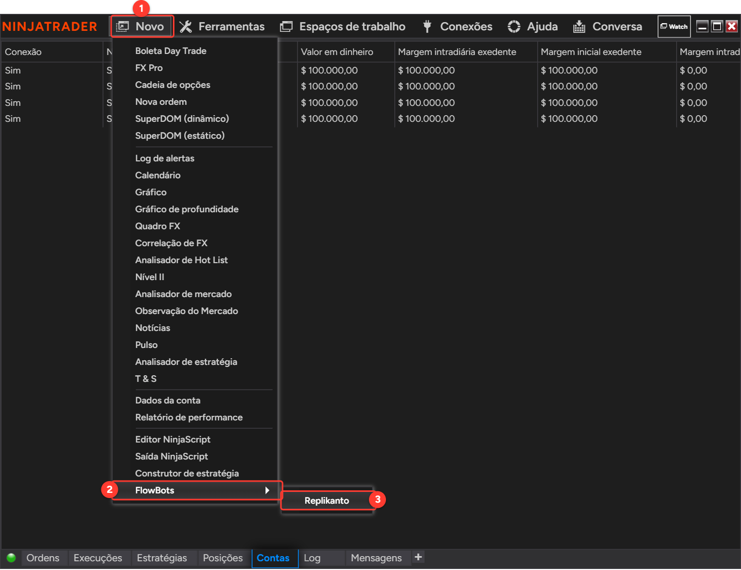 Control Center do NinjaTrader com o menu Novo aberto, o submenu FlowBots e o item Replikanto selecionado