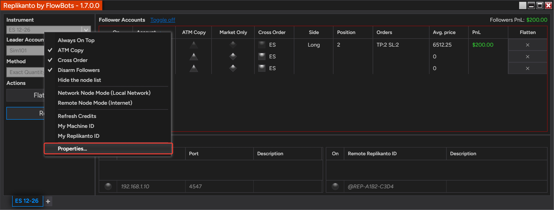Replikanto right-click menu opened from the left panel with Properties... highlighted
