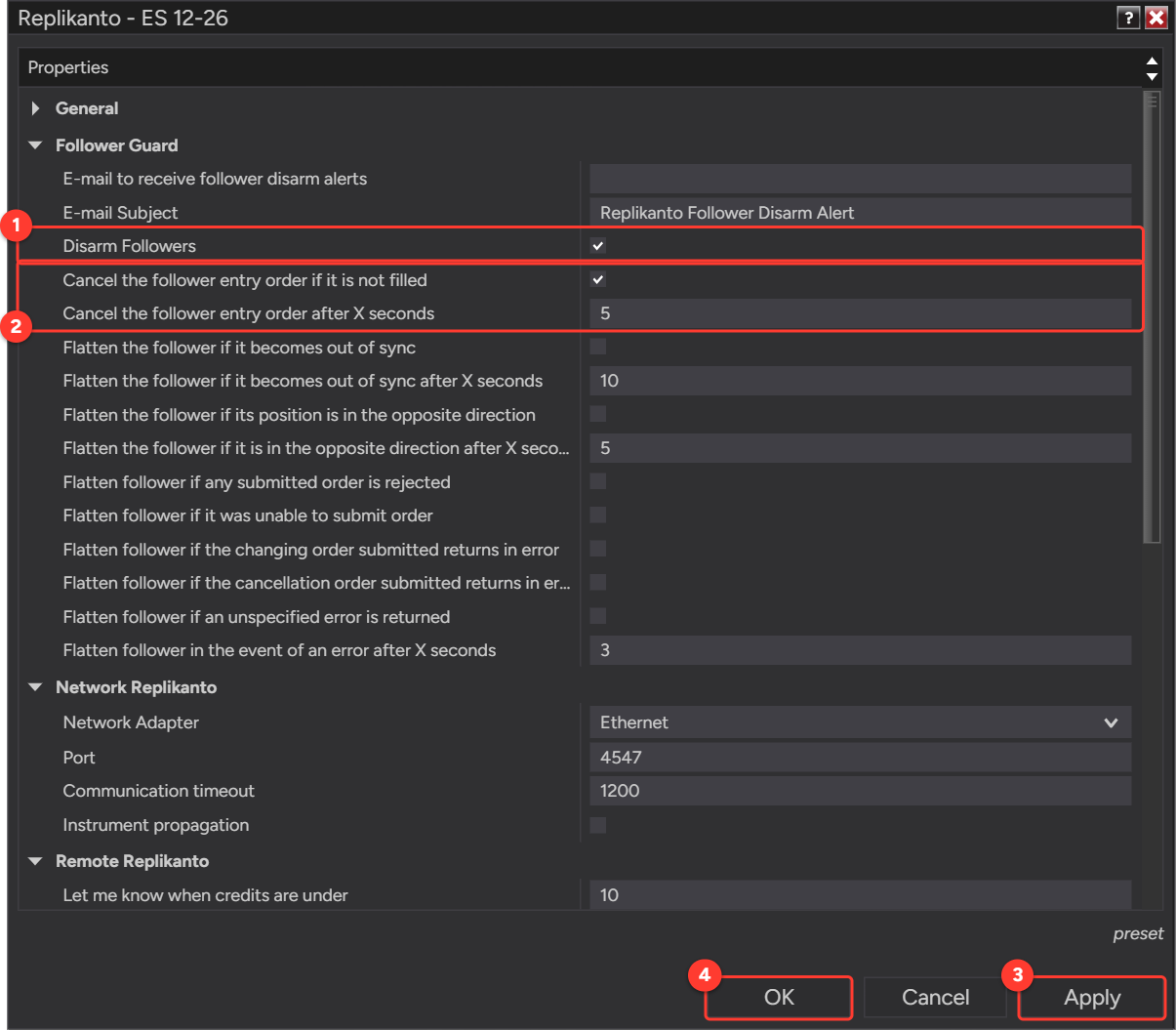 Replikanto Properties, Follower Guard section, with Disarm Followers and Cancel the follower entry order if it is not filled checked, 5 seconds, and the Apply and OK buttons