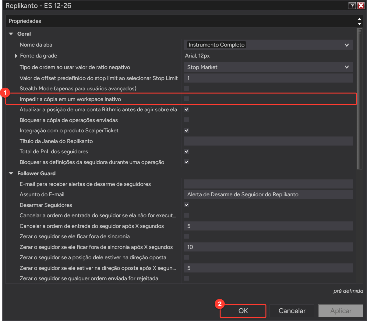 Propriedades do Replikanto, seção Geral, com Impedir a cópia em um workspace inativo desmarcado e o botão OK destacado
