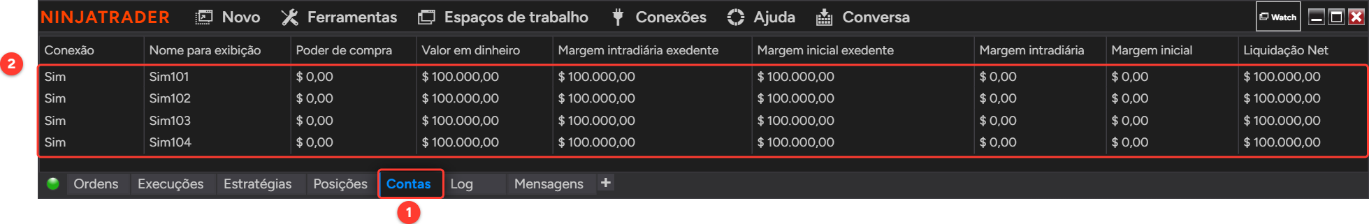 Control Center do NinjaTrader com a aba Contas selecionada, mostrando as contas Sim101 a Sim104 e a conexão de cada uma