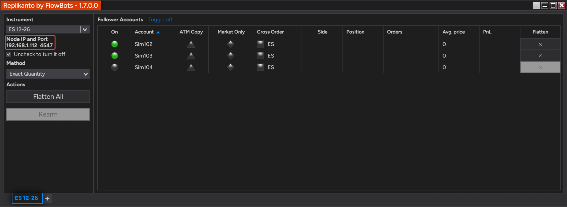Follower Replikanto in Network Node Mode: Node IP and Port 192.168.1.112 4547 shown in the left panel, box checked (Uncheck to turn it off) and follower accounts Sim102 and Sim103 turned on