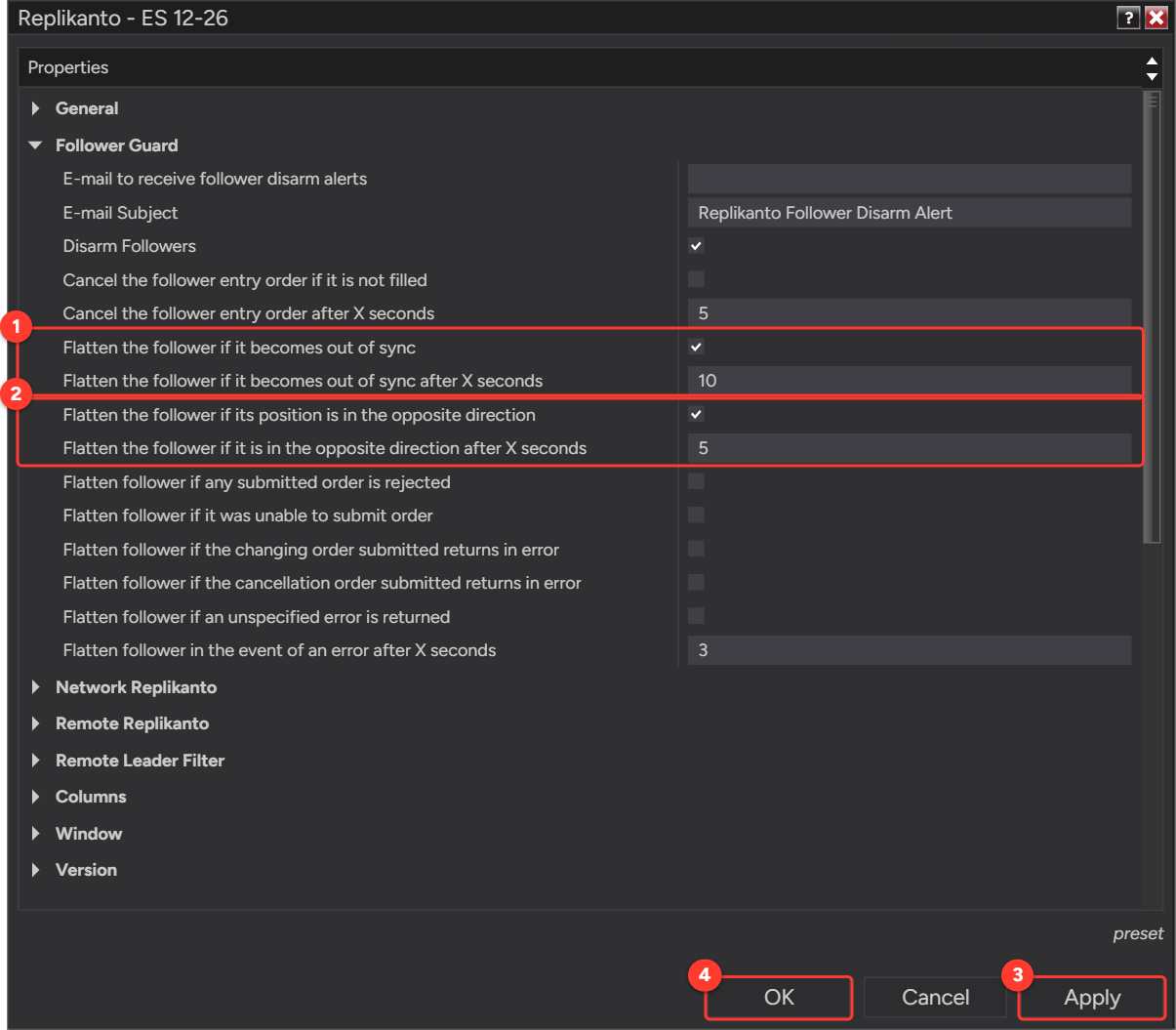 Replikanto Properties, Follower Guard section, with the out-of-sync and opposite-direction flatten options checked, and the Apply and OK buttons marked