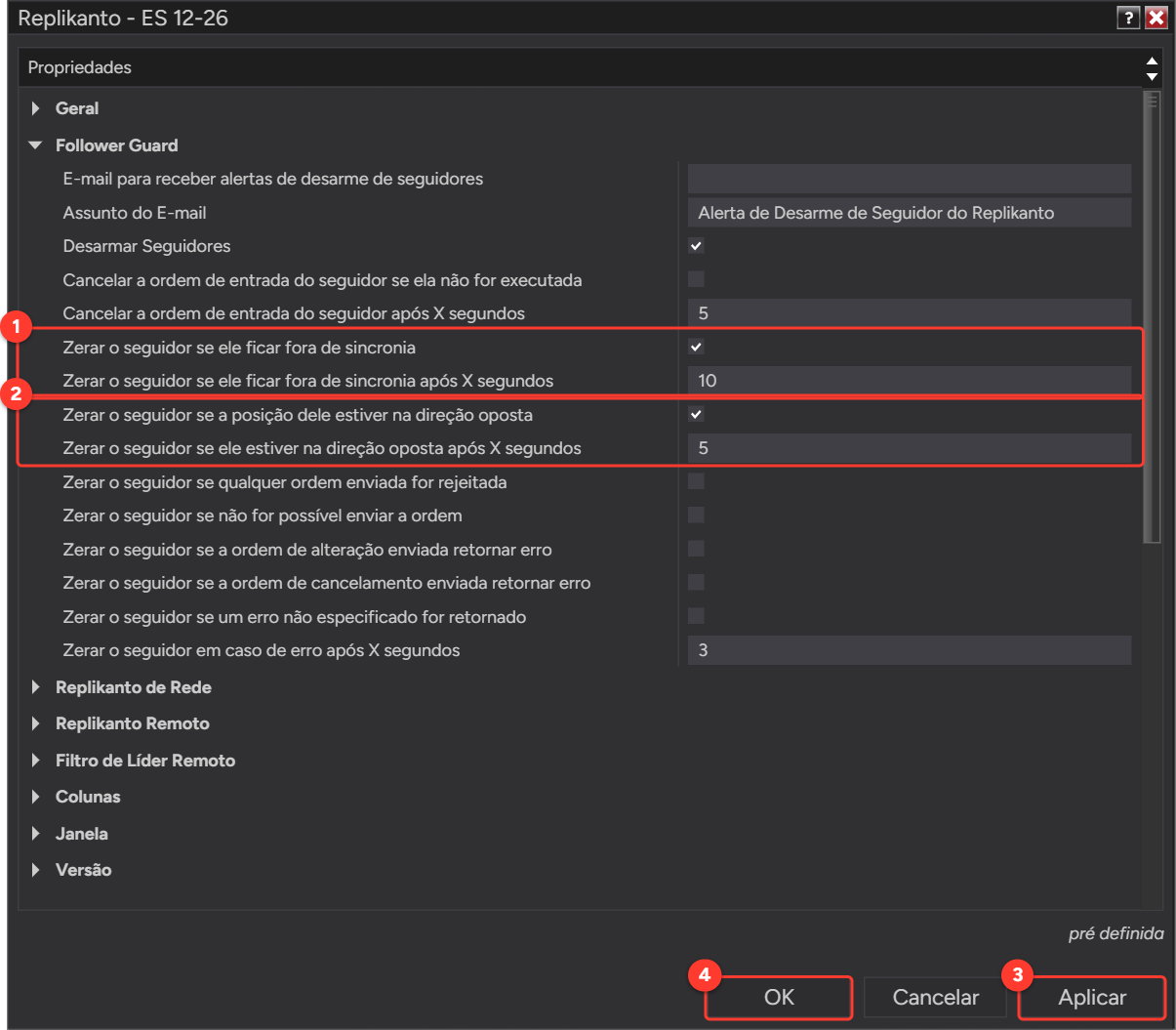 Propriedades do Replikanto, seção Follower Guard, com as opções de zerar fora de sincronia e na direção oposta marcadas, e os botões Aplicar e OK destacados