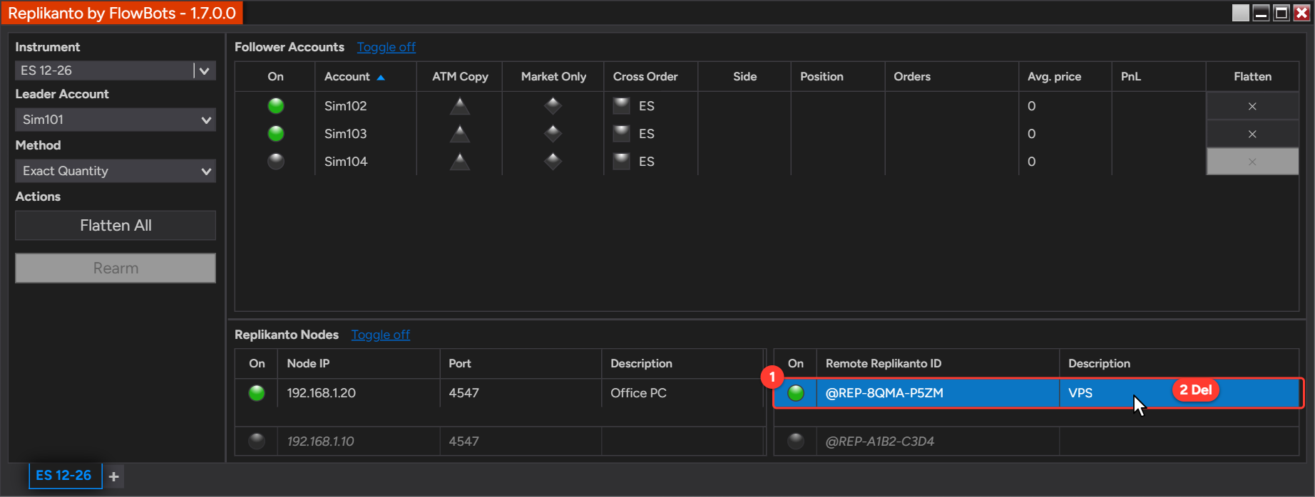 Replikanto 1.7 Replikanto Nodes section with the remote node @REP-8QMA-P5ZM selected, ready to be removed with the Del key