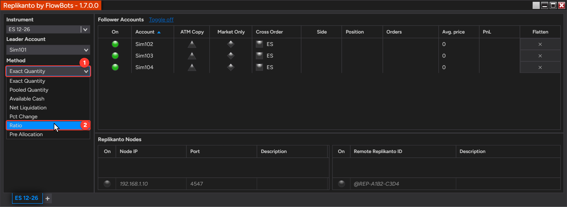 Replikanto tab on ES 12-26 with the Method list open in the left panel and Ratio highlighted