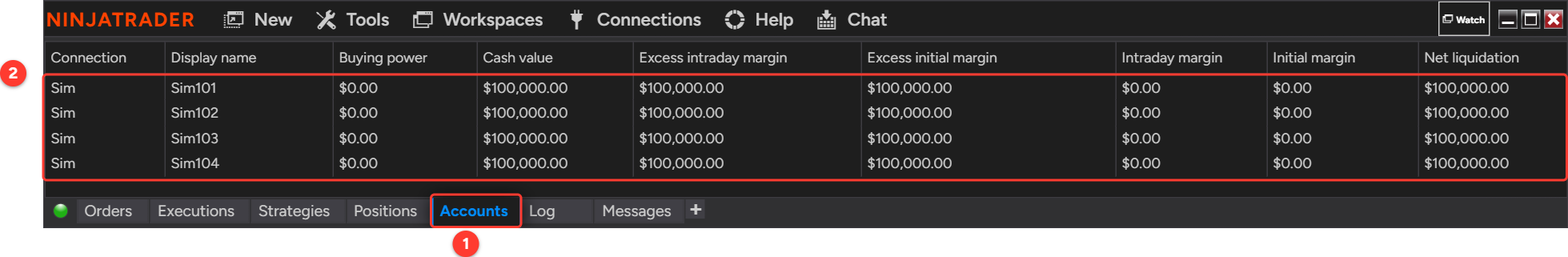 NinjaTrader Control Center with the Accounts tab selected, listing the accounts Sim101 to Sim104 and their connection
